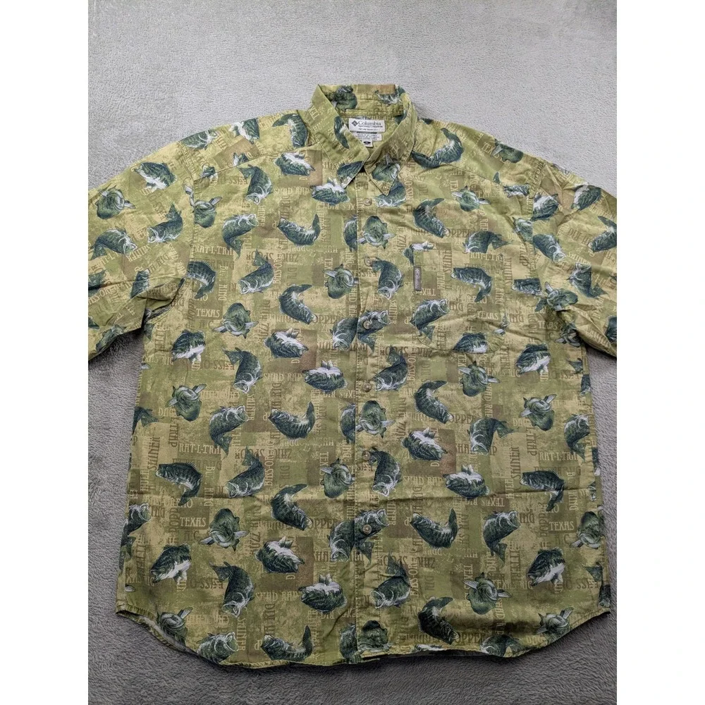Columbia Mens XL Bass Fishing Graphic Print Short Sleeve Button Down Shirt Green - Picture 2 of 10